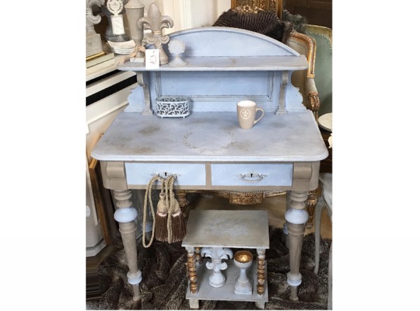 Small Antique Secretary Restored Grey Blue